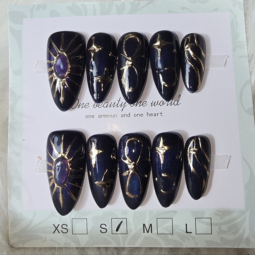 Handmade Navy and Gold Starry Nail Set